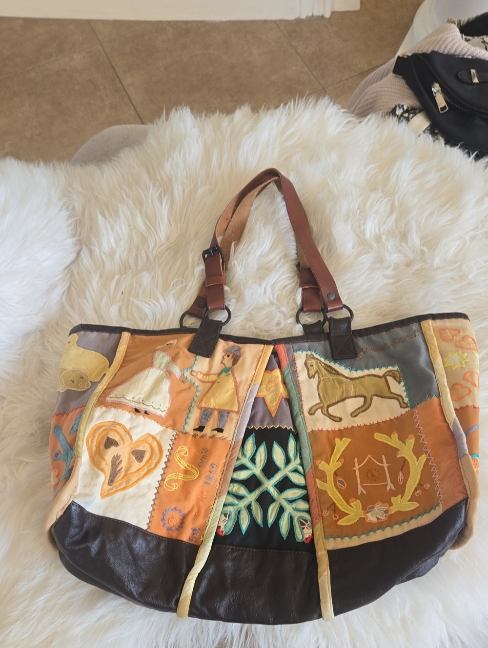 Vintage Jamin Puech Patchwork Embroidered Multicolor Leather/cloth Tote Bag